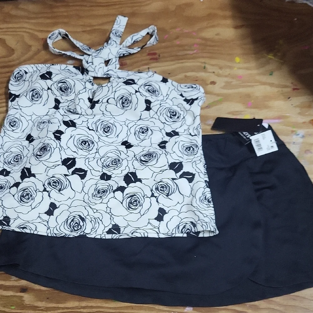 Anne Cole Floral Halter Top and Island Escape Black Skirt Set 14 NWT